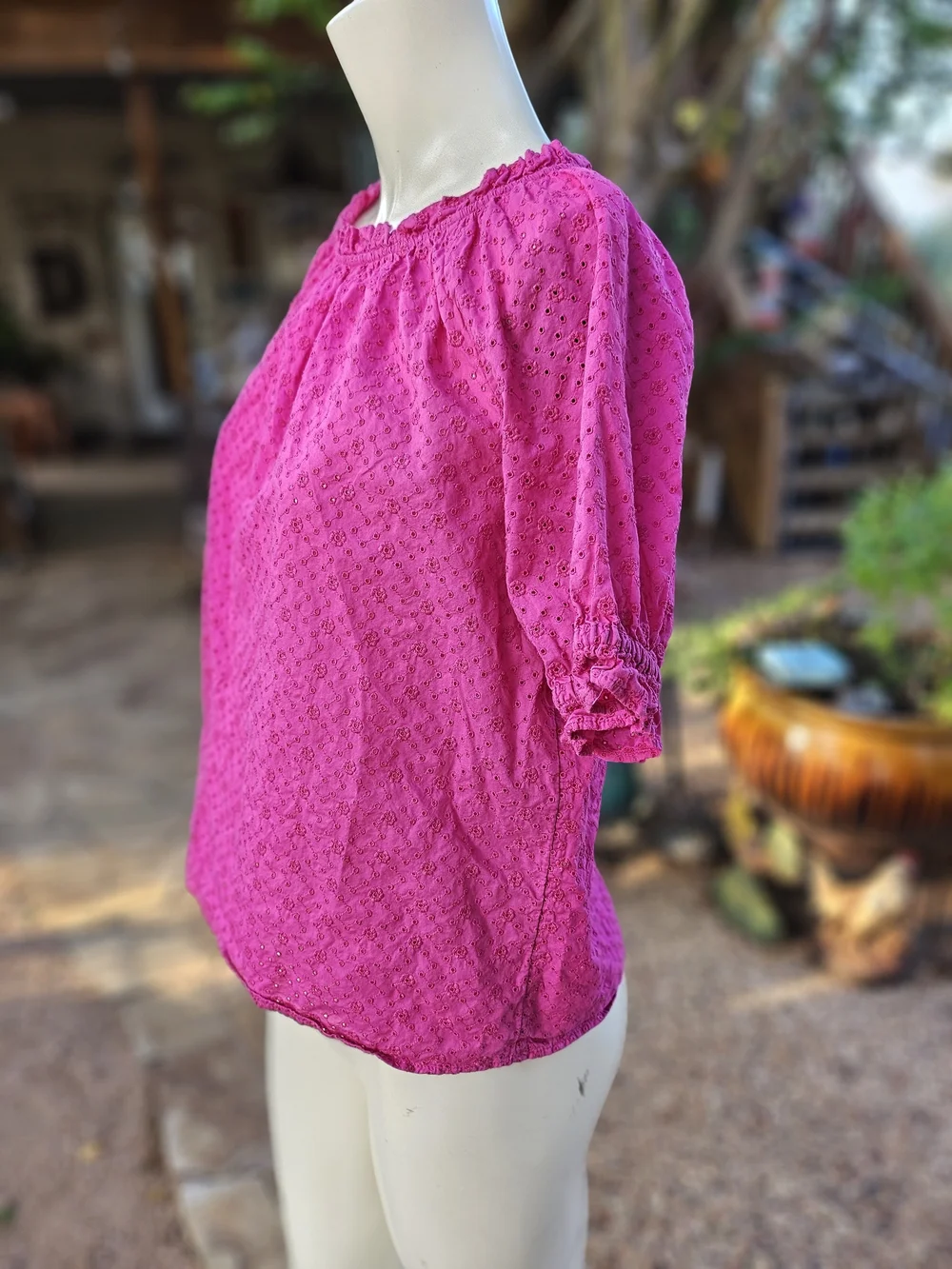 LOFT Fuschia Pink Cotton Eyelet Lace Peasant Blouse S